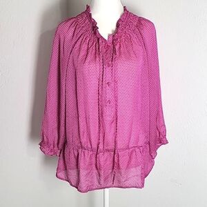 LOFT Pink & Black Polka-dot Sheer Blouse, Ruffled Hemline & Collar, Size Medium